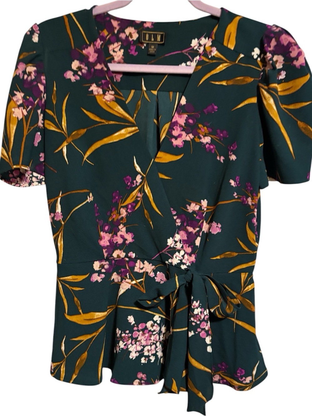Floral Peplum Blouse with Short Puff Sleeves - Dark Green
